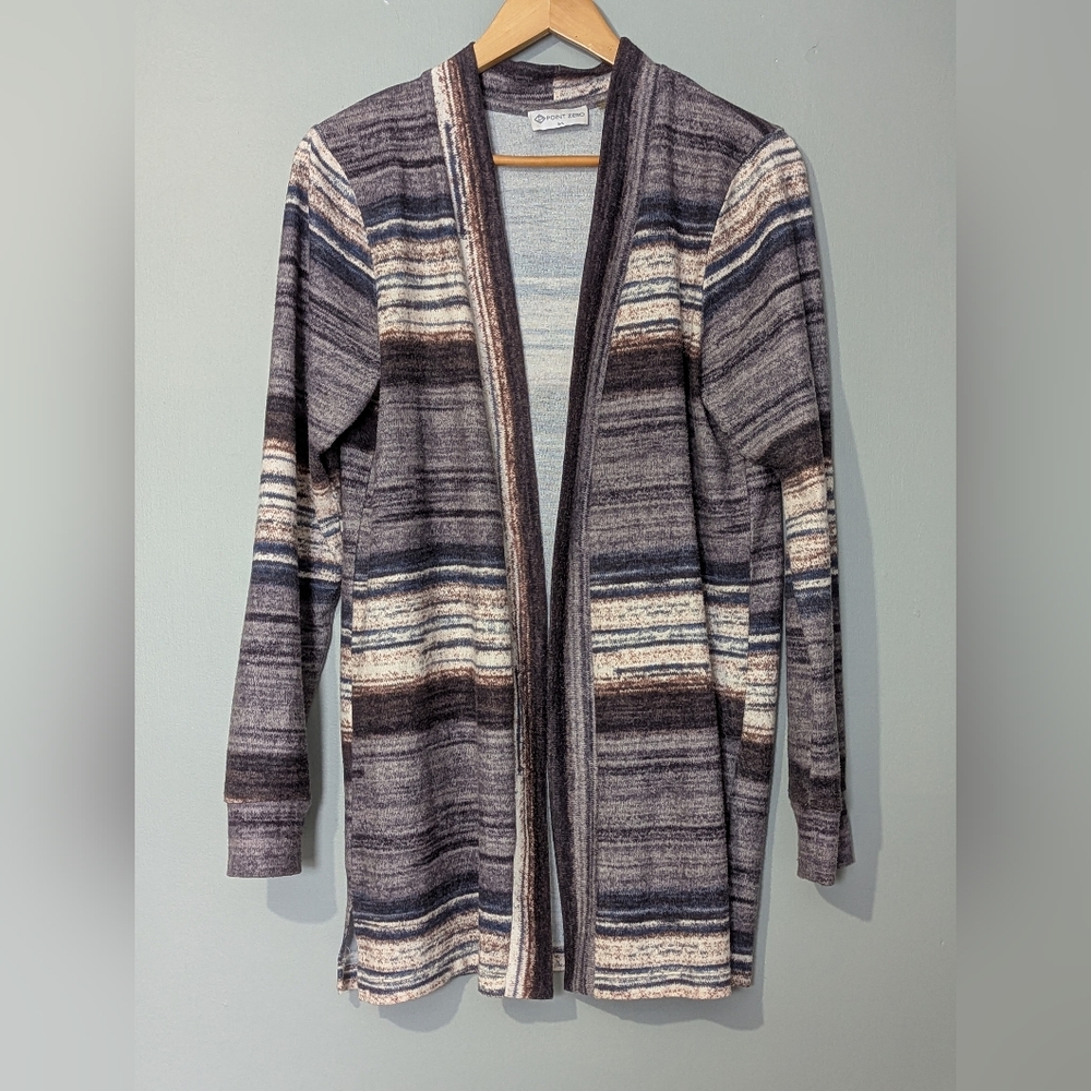 Point Zero Striped Long‎ Open-front Long Sleeve Cardigan Women's Large Cozy